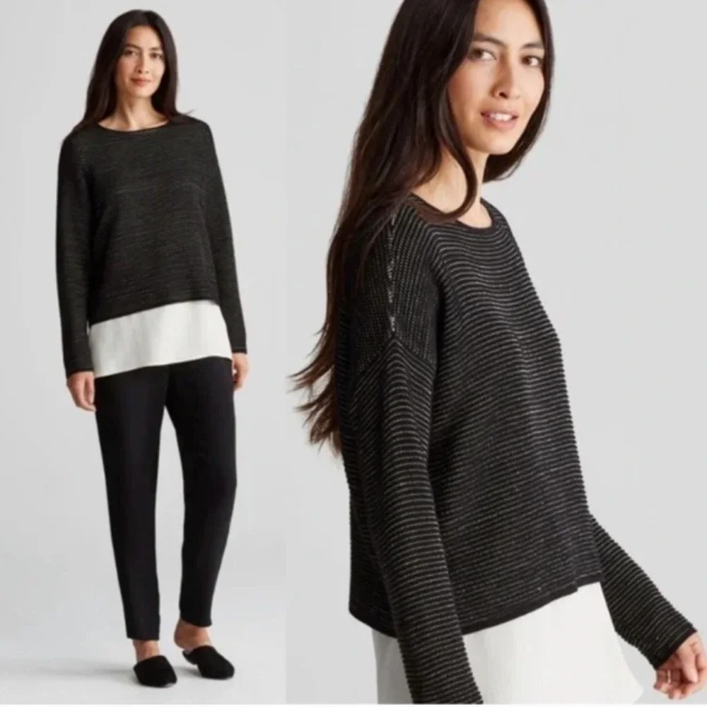 Eileen‎ Fisher Silk Linen Organic Cotton Sweater Black Stitched Medium Petite